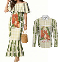 Aloha Hawaii Rambutan Palaka Motifs Couples Matching Mermaid Dress and Long Sleeve Button Shirt Hawaiian Fruit Stylized Stamp LT14 Yellow - Polynesian Pride