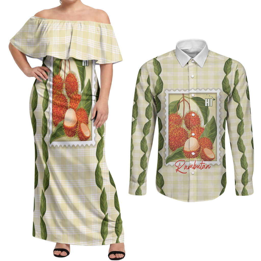 Aloha Hawaii Rambutan Palaka Motifs Couples Matching Off Shoulder Maxi Dress and Long Sleeve Button Shirt Hawaiian Fruit Stylized Stamp LT14 Yellow - Polynesian Pride