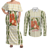 Aloha Hawaii Rambutan Palaka Motifs Couples Matching Off Shoulder Maxi Dress and Long Sleeve Button Shirt Hawaiian Fruit Stylized Stamp LT14 Yellow - Polynesian Pride