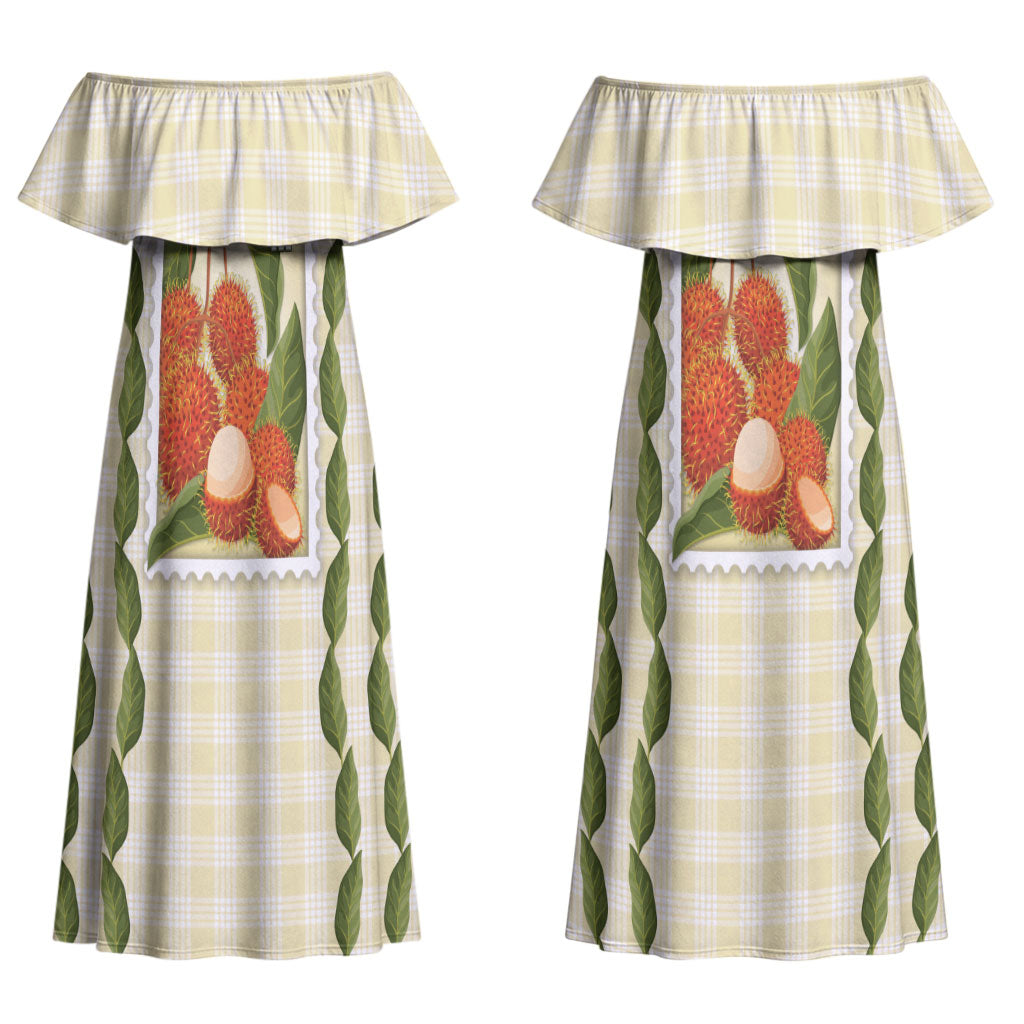 Aloha Hawaii Rambutan Palaka Motifs Couples Matching Off Shoulder Maxi Dress and Long Sleeve Button Shirt Hawaiian Fruit Stylized Stamp LT14 - Polynesian Pride