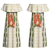 Aloha Hawaii Rambutan Palaka Motifs Couples Matching Off Shoulder Maxi Dress and Long Sleeve Button Shirt Hawaiian Fruit Stylized Stamp LT14 - Polynesian Pride