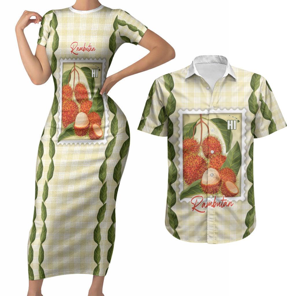 Aloha Hawaii Rambutan Palaka Motifs Couples Matching Short Sleeve Bodycon Dress and Hawaiian Shirt Hawaiian Fruit Stylized Stamp LT14 Yellow - Polynesian Pride