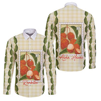 Aloha Hawaii Rambutan Palaka Motifs Family Matching Off Shoulder Maxi Dress and Hawaiian Shirt Hawaiian Fruit Stylized Stamp LT14 Dad's Shirt - Long Sleeve Yellow - Polynesian Pride