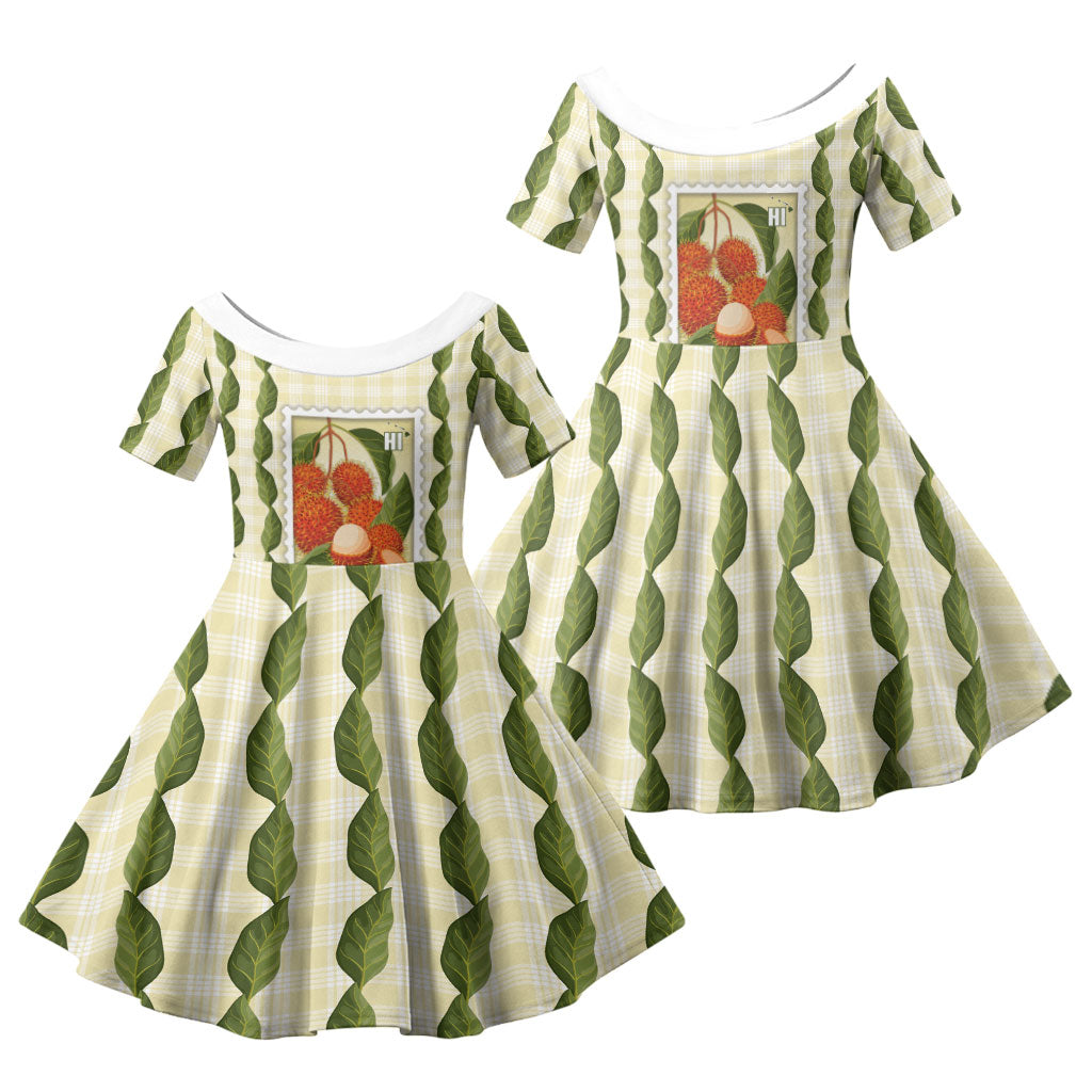 Aloha Hawaii Rambutan Palaka Motifs Family Matching Off Shoulder Maxi Dress and Hawaiian Shirt Hawaiian Fruit Stylized Stamp LT14 Daughter's Dress Yellow - Polynesian Pride