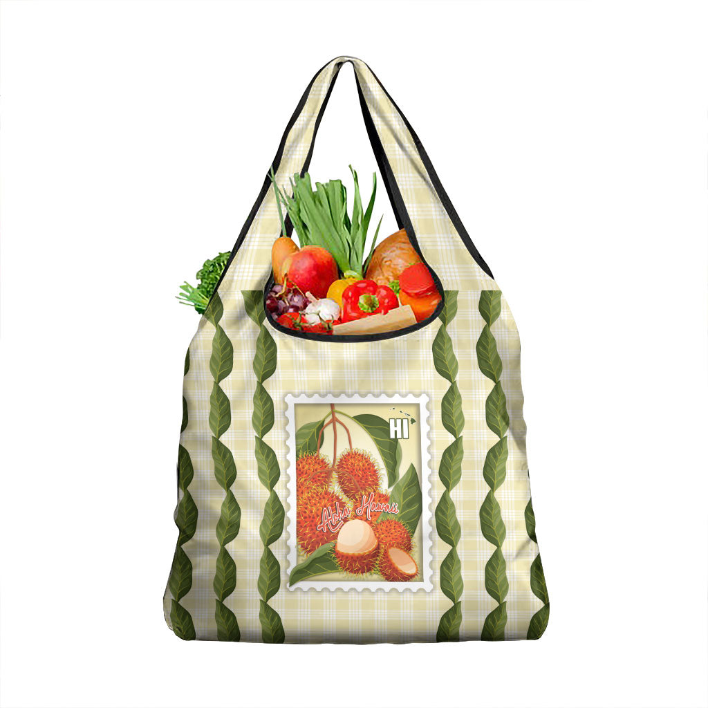 Aloha Hawaii Rambutan Palaka Motifs Grocery Bag Hawaiian Fruit Stylized Stamp LT14 1-pack One Size Yellow - Polynesian Pride