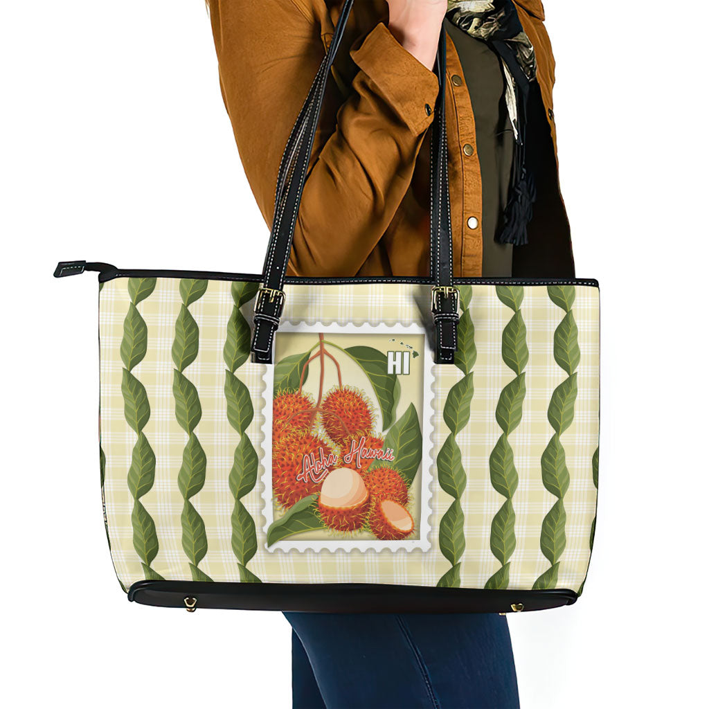 Aloha Hawaii Rambutan Palaka Motifs Leather Tote Bag Hawaiian Fruit Stylized Stamp LT14 - Polynesian Pride
