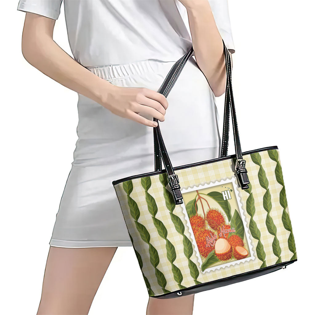 Aloha Hawaii Rambutan Palaka Motifs Leather Tote Bag Hawaiian Fruit Stylized Stamp LT14 - Polynesian Pride