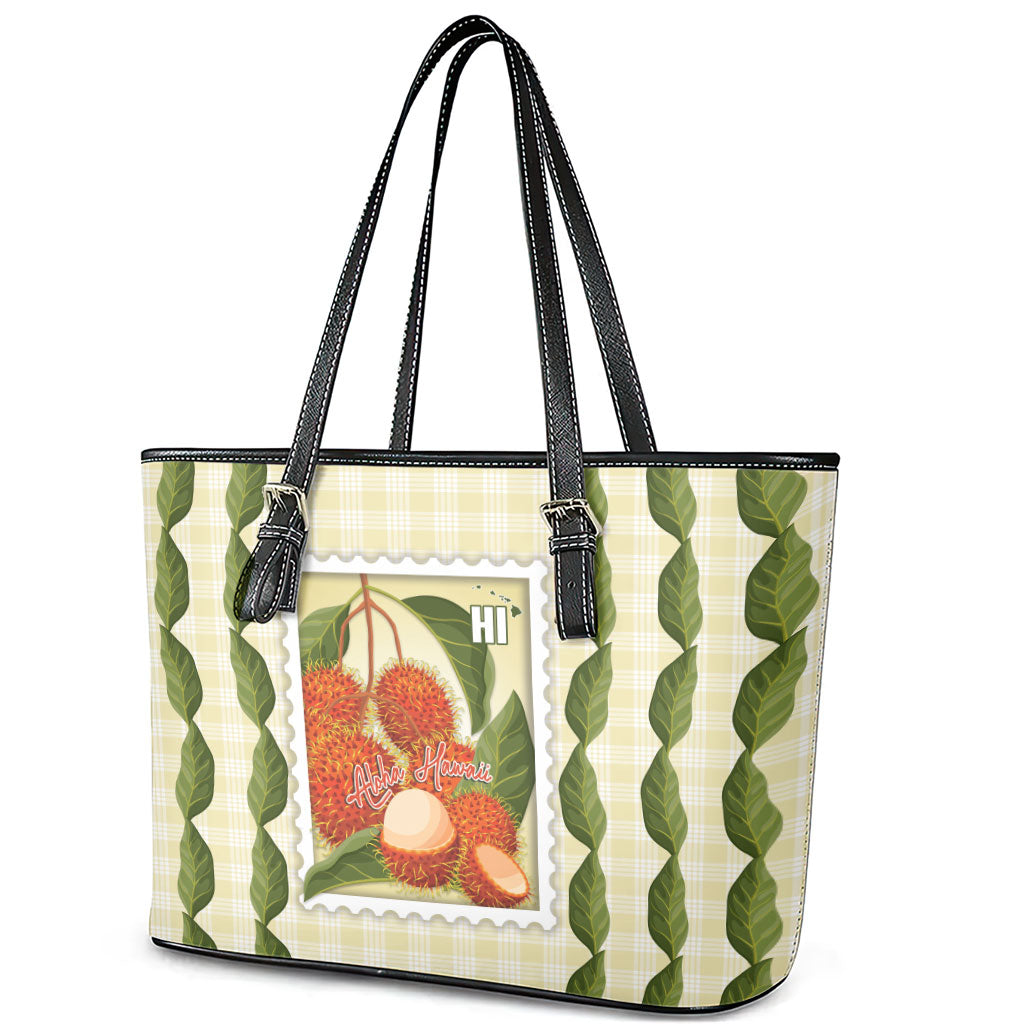 Aloha Hawaii Rambutan Palaka Motifs Leather Tote Bag Hawaiian Fruit Stylized Stamp LT14 - Polynesian Pride