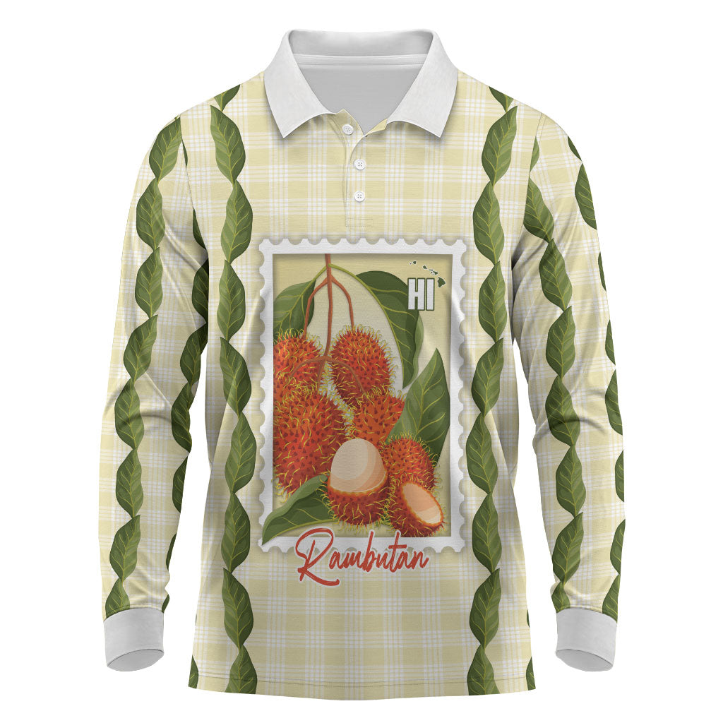 Aloha Hawaii Rambutan Palaka Motifs Long Sleeve Polo Shirt Hawaiian Fruit Stylized Stamp LT14 Yellow - Polynesian Pride