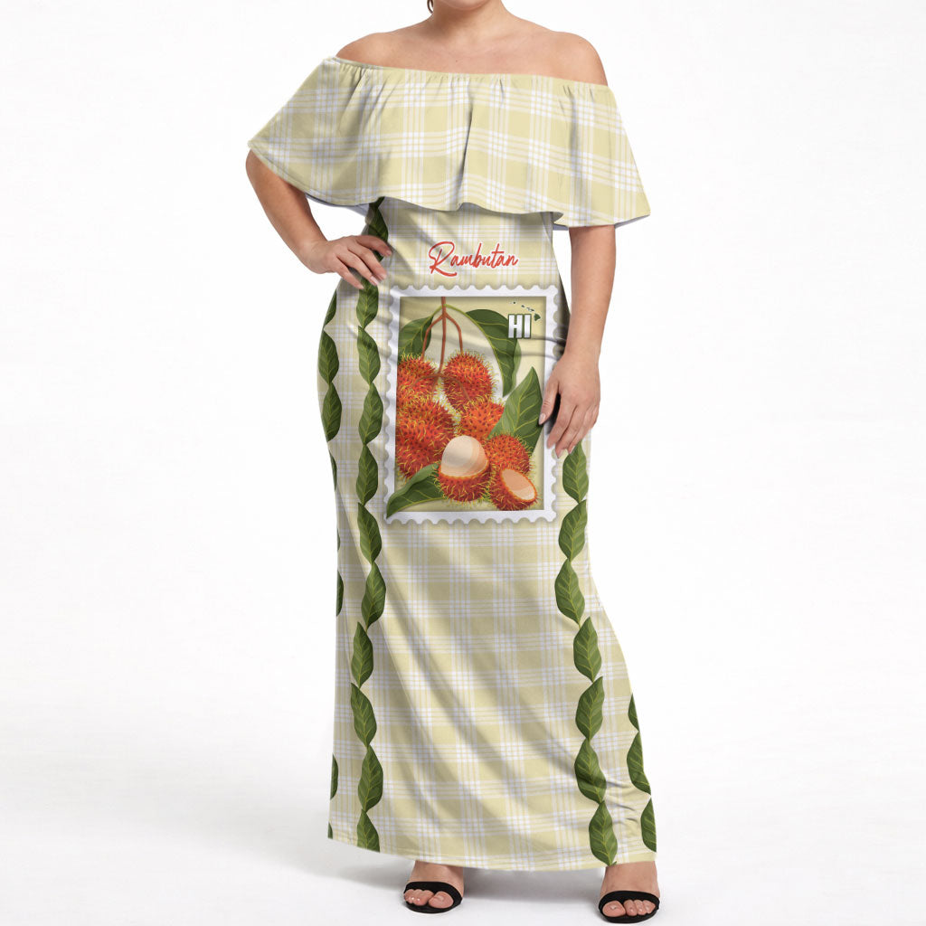Aloha Hawaii Rambutan Palaka Motifs Off Shoulder Maxi Dress Hawaiian Fruit Stylized Stamp LT14 Women Yellow - Polynesian Pride