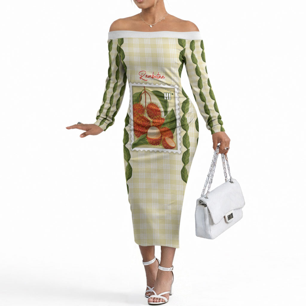 Aloha Hawaii Rambutan Palaka Motifs Off The Shoulder Long Sleeve Dress Hawaiian Fruit Stylized Stamp LT14 Women Yellow - Polynesian Pride