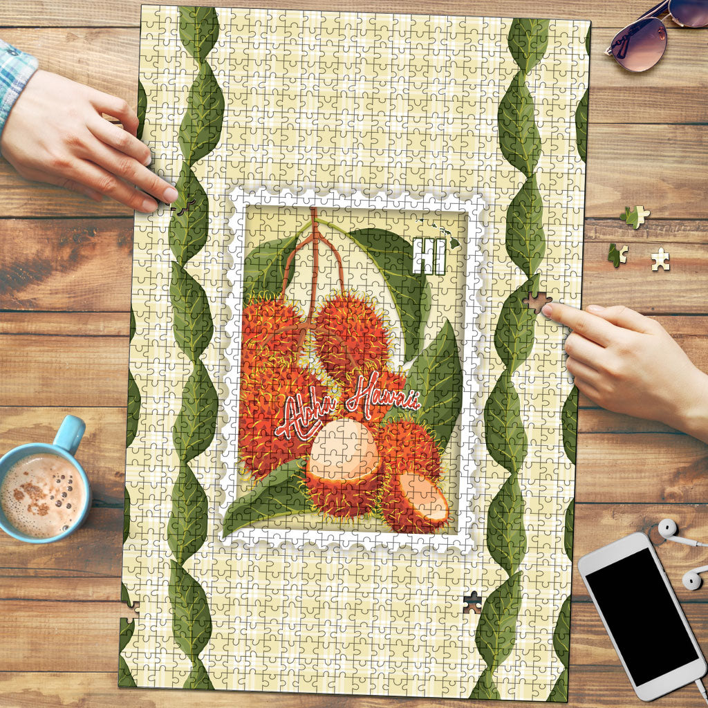 Aloha Hawaii Rambutan Palaka Motifs Puzzle Hawaiian Fruit Stylized Stamp LT14 Yellow - Polynesian Pride