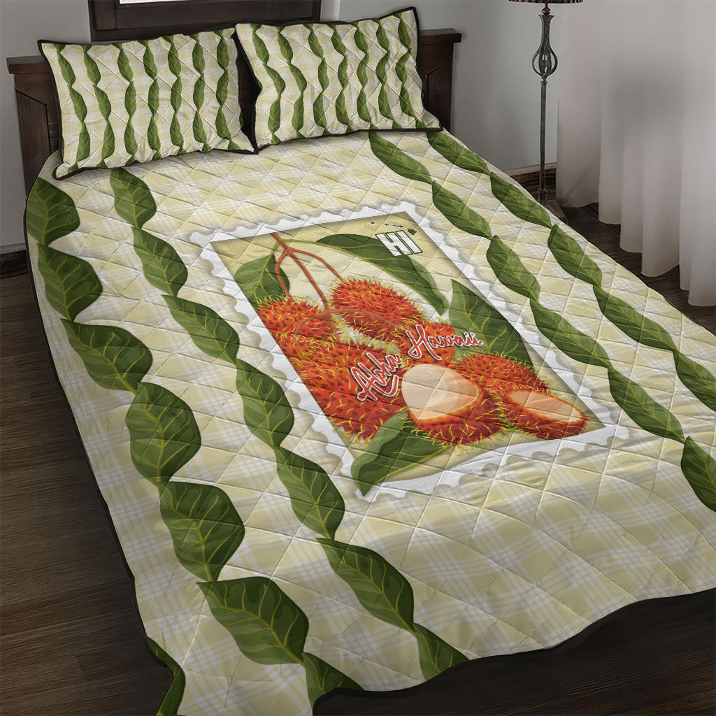 Aloha Hawaii Rambutan Palaka Motifs Quilt Bed Set Hawaiian Fruit Stylized Stamp LT14 Yellow - Polynesian Pride