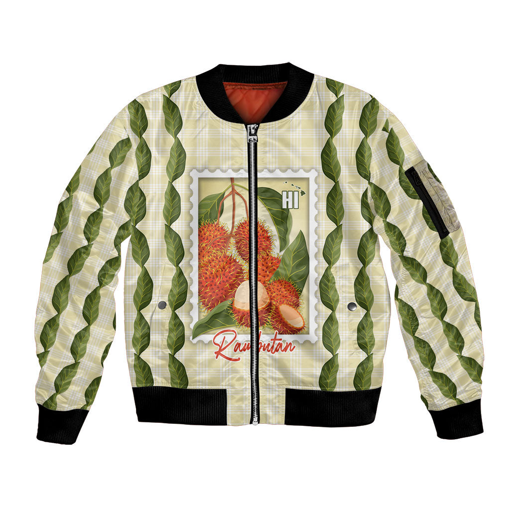 Aloha Hawaii Rambutan Palaka Motifs Sleeve Zip Bomber Jacket Hawaiian Fruit Stylized Stamp LT14 Unisex Yellow - Polynesian Pride