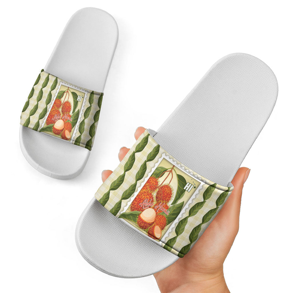 Aloha Hawaii Rambutan Palaka Motifs Slide Sandals Hawaiian Fruit Stylized Stamp LT14 - Polynesian Pride