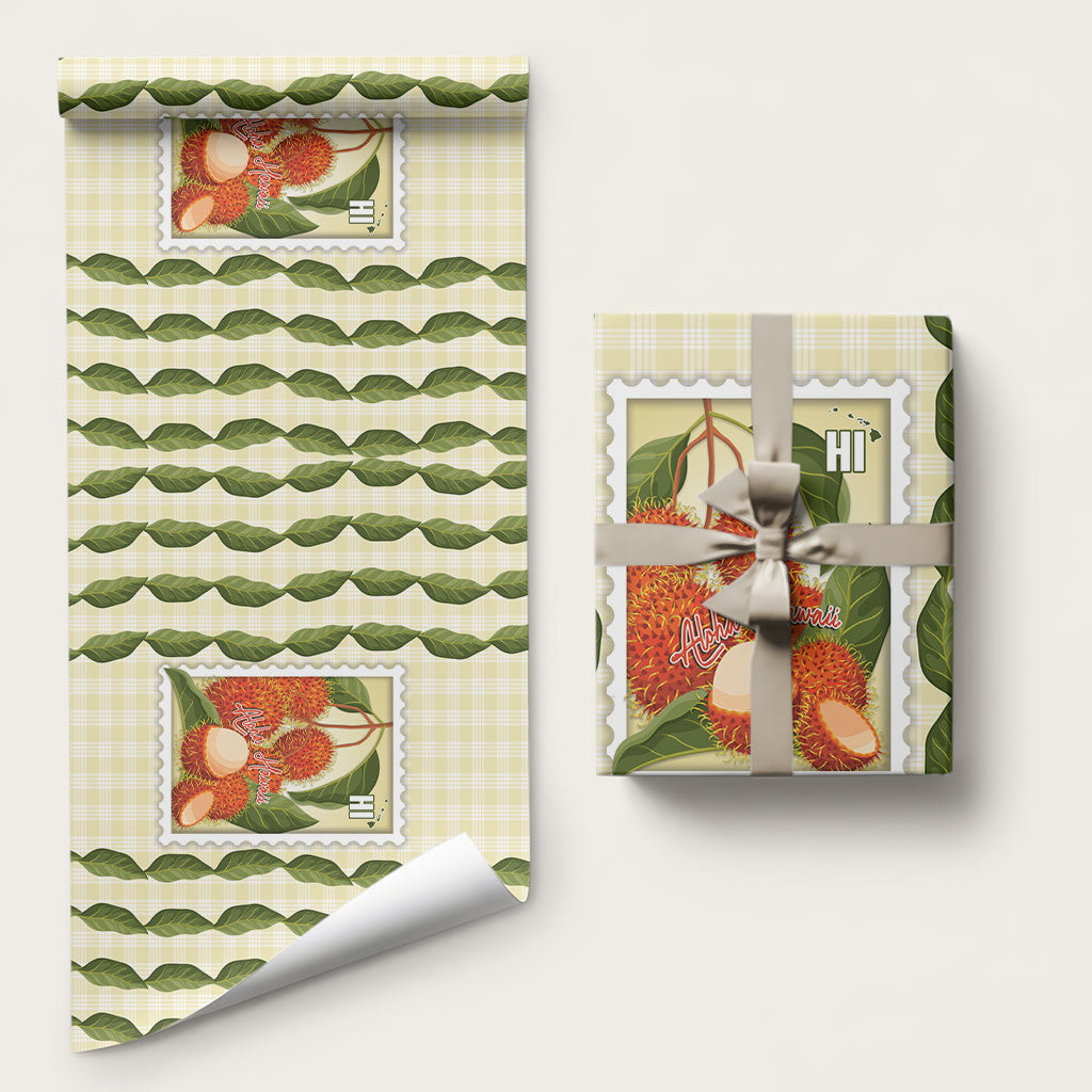Aloha Hawaii Rambutan Palaka Motifs Wrapping Paper Hawaiian Fruit Stylized Stamp LT14 58" × 23" Yellow - Polynesian Pride