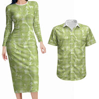 Omaomao Hawaii Breadfruit Palaka Motifs Couples Matching Long Sleeve Bodycon Dress and Hawaiian Shirt LT14 Green - Polynesian Pride