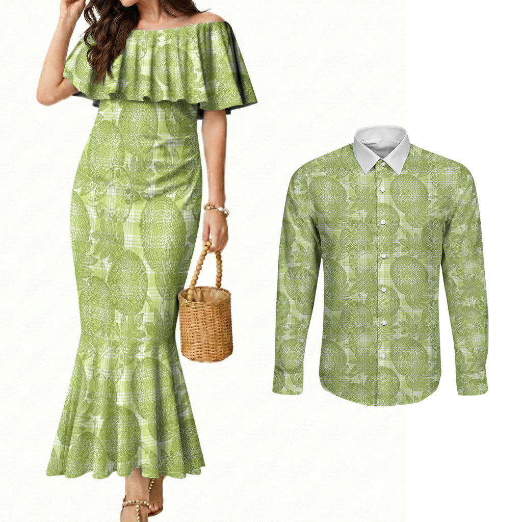 Omaomao Hawaii Breadfruit Palaka Motifs Couples Matching Mermaid Dress and Long Sleeve Button Shirt LT14 Green - Polynesian Pride