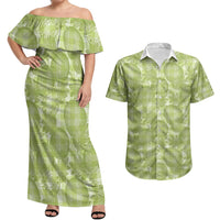 Omaomao Hawaii Breadfruit Palaka Motifs Couples Matching Off Shoulder Maxi Dress and Hawaiian Shirt LT14 Green - Polynesian Pride