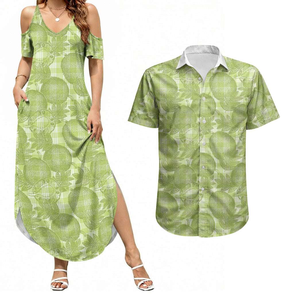 Omaomao Hawaii Breadfruit Palaka Motifs Couples Matching Summer Maxi Dress and Hawaiian Shirt LT14 Green - Polynesian Pride