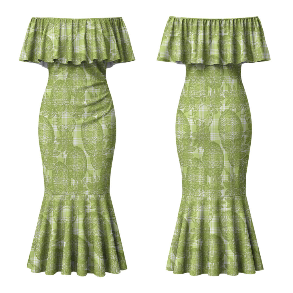 Omaomao Hawaii Breadfruit Palaka Motifs Family Matching Mermaid Dress and Hawaiian Shirt LT14 Mom's Dress Green - Polynesian Pride
