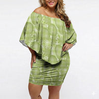 Omaomao Hawaii Breadfruit Palaka Motifs Off Shoulder Short Dress LT14 Women Green - Polynesian Pride