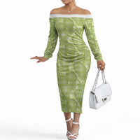 Omaomao Hawaii Breadfruit Palaka Motifs Off The Shoulder Long Sleeve Dress LT14 Women Green - Polynesian Pride