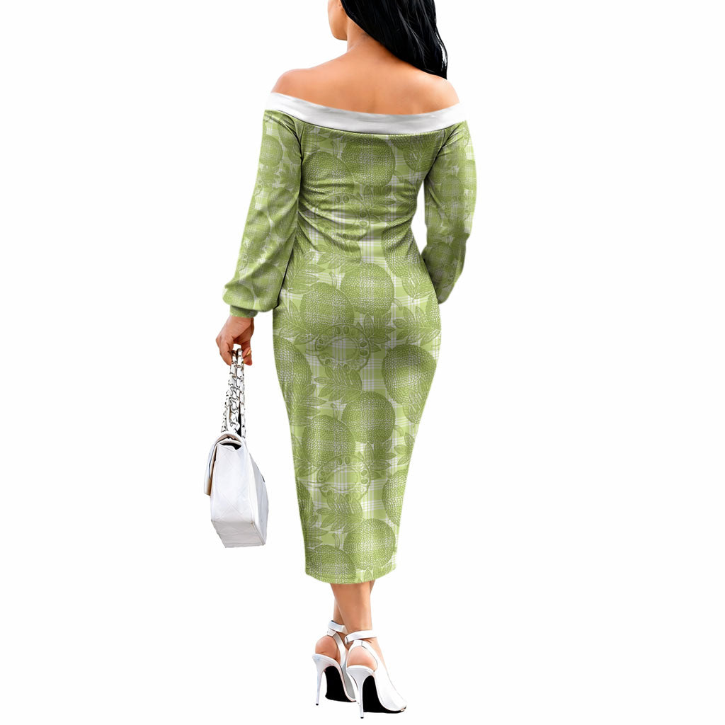Omaomao Hawaii Breadfruit Palaka Motifs Off The Shoulder Long Sleeve Dress LT14 - Polynesian Pride