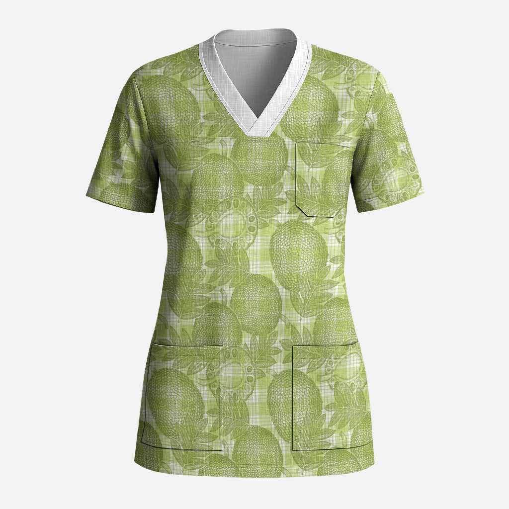 Omaomao Hawaii Breadfruit Palaka Motifs Scrub Top LT14 Adult Green - Polynesian Pride