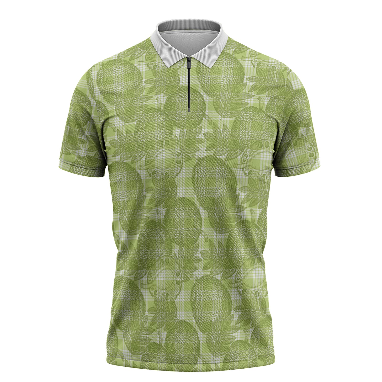 Omaomao Hawaii Breadfruit Palaka Motifs Zipper Polo Shirt LT14 Green - Polynesian Pride