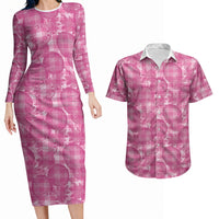 Alaka Hawaii Breadfruit Palaka Motifs Couples Matching Long Sleeve Bodycon Dress and Hawaiian Shirt LT14 Pink - Polynesian Pride