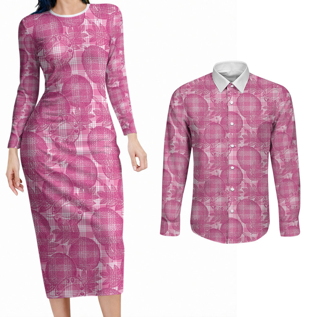 Alaka Hawaii Breadfruit Palaka Motifs Couples Matching Long Sleeve Bodycon Dress and Long Sleeve Button Shirt LT14 Pink - Polynesian Pride