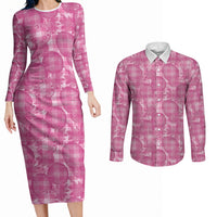 Alaka Hawaii Breadfruit Palaka Motifs Couples Matching Long Sleeve Bodycon Dress and Long Sleeve Button Shirt LT14 Pink - Polynesian Pride