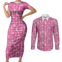 Alaka Hawaii Breadfruit Palaka Motifs Couples Matching Short Sleeve Bodycon Dress and Long Sleeve Button Shirt LT14 Pink - Polynesian Pride