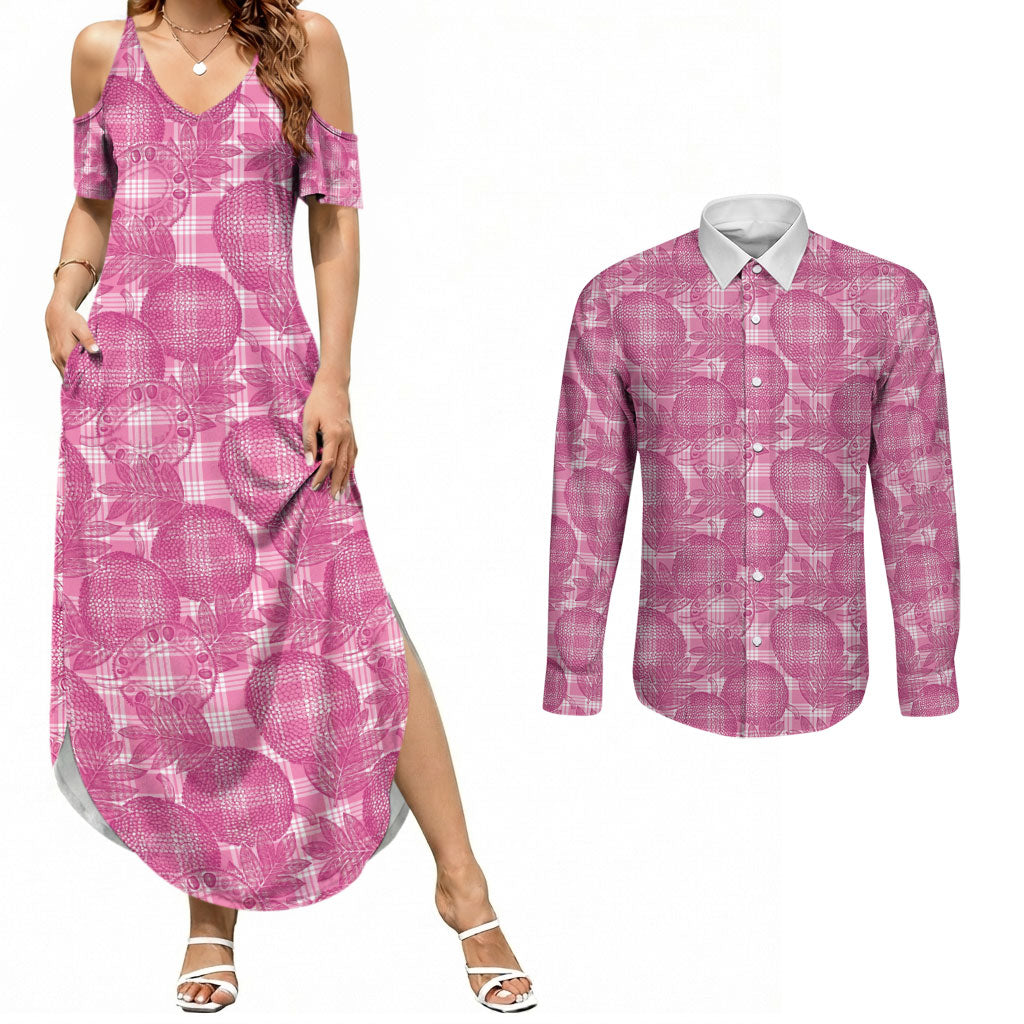 Alaka Hawaii Breadfruit Palaka Motifs Couples Matching Summer Maxi Dress and Long Sleeve Button Shirt LT14 Pink - Polynesian Pride