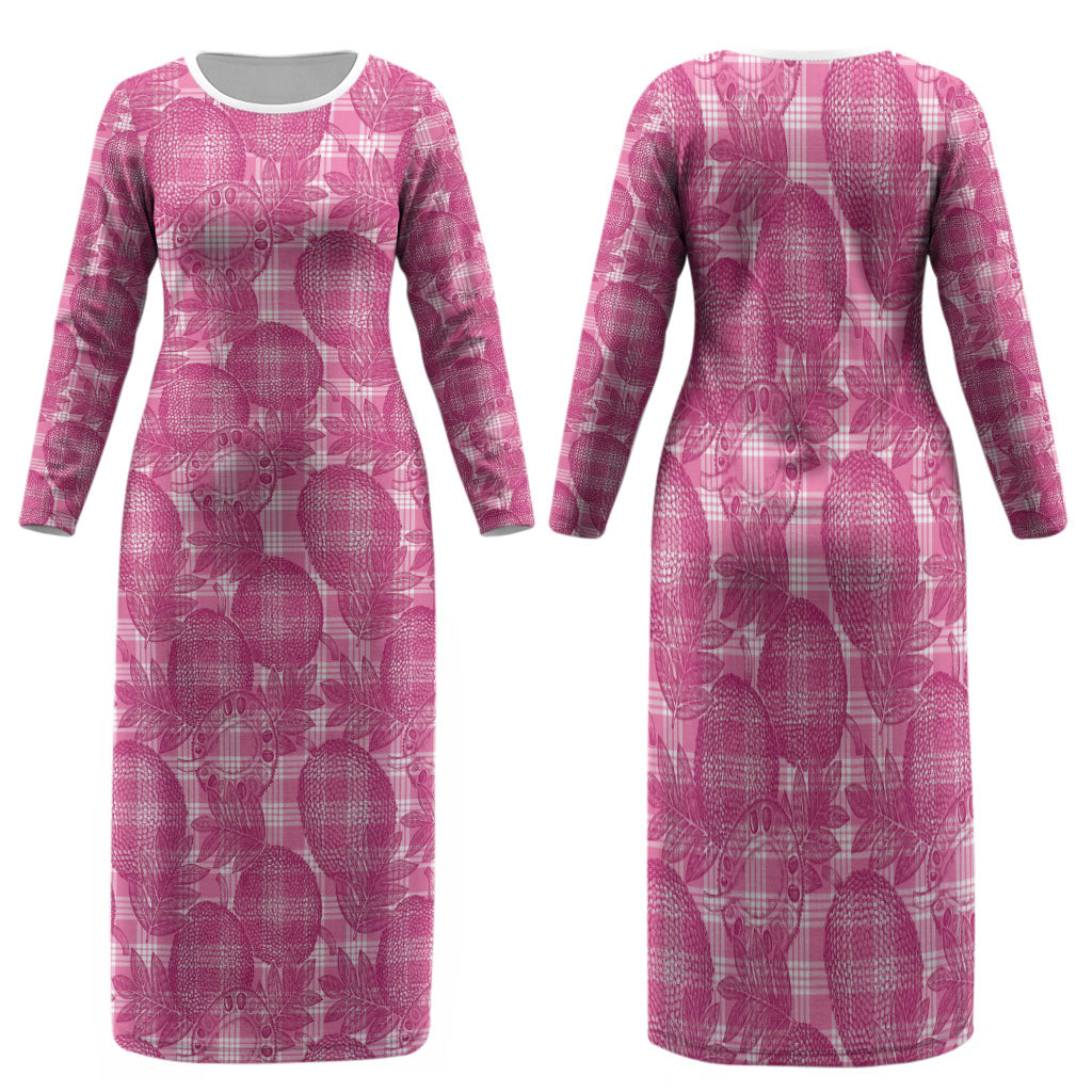 Alaka Hawaii Breadfruit Palaka Motifs Family Matching Long Sleeve Bodycon Dress and Hawaiian Shirt LT14 Mom's Dress Pink - Polynesian Pride