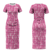 Alaka Hawaii Breadfruit Palaka Motifs Family Matching Short Sleeve Bodycon Dress and Hawaiian Shirt LT14 Mom's Dress Pink - Polynesian Pride