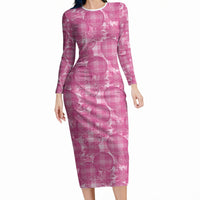 Alaka Hawaii Breadfruit Palaka Motifs Long Sleeve Bodycon Dress LT14 Long Dress Pink - Polynesian Pride