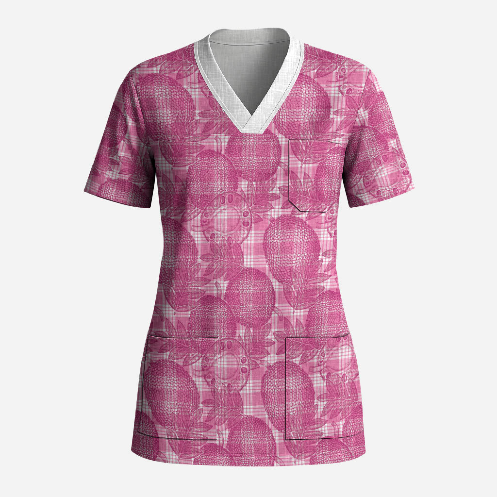 Alaka Hawaii Breadfruit Palaka Motifs Scrub Top LT14 Adult Pink - Polynesian Pride