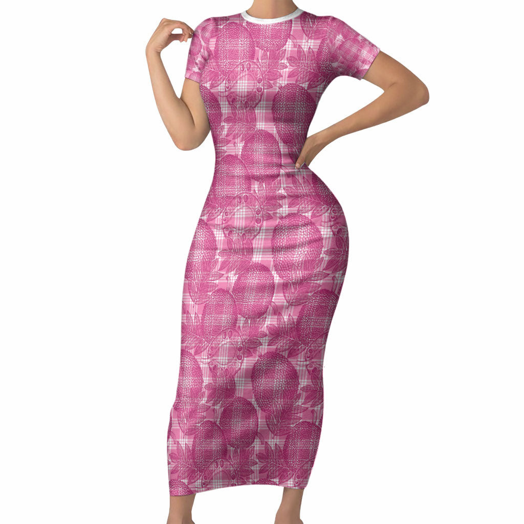 Alaka Hawaii Breadfruit Palaka Motifs Short Sleeve Bodycon Dress LT14 Long Dress Pink - Polynesian Pride
