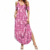 Alaka Hawaii Breadfruit Palaka Motifs Summer Maxi Dress LT14 Women Pink - Polynesian Pride
