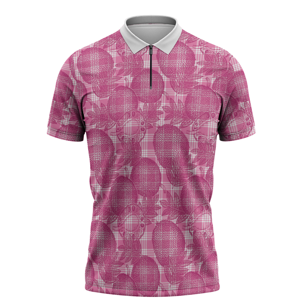 Alaka Hawaii Breadfruit Palaka Motifs Zipper Polo Shirt LT14 Pink - Polynesian Pride