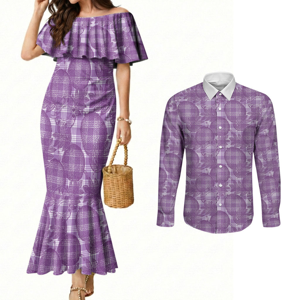 Poni Hawaii Breadfruit Palaka Motifs Couples Matching Mermaid Dress and Long Sleeve Button Shirt LT14 Purple - Polynesian Pride
