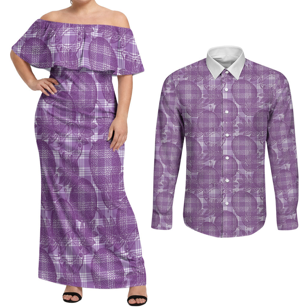Poni Hawaii Breadfruit Palaka Motifs Couples Matching Off Shoulder Maxi Dress and Long Sleeve Button Shirt LT14 Purple - Polynesian Pride