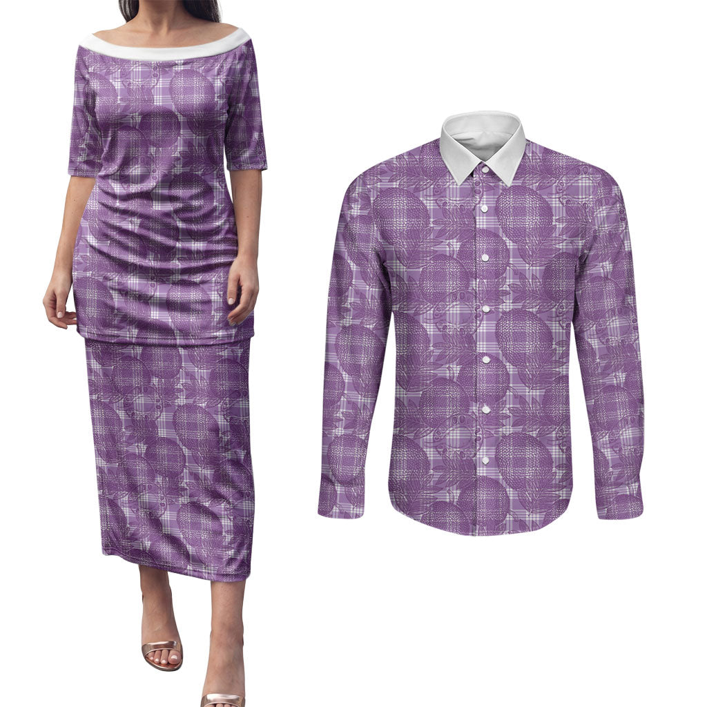 Poni Hawaii Breadfruit Palaka Motifs Couples Matching Puletasi and Long Sleeve Button Shirt LT14 Purple - Polynesian Pride
