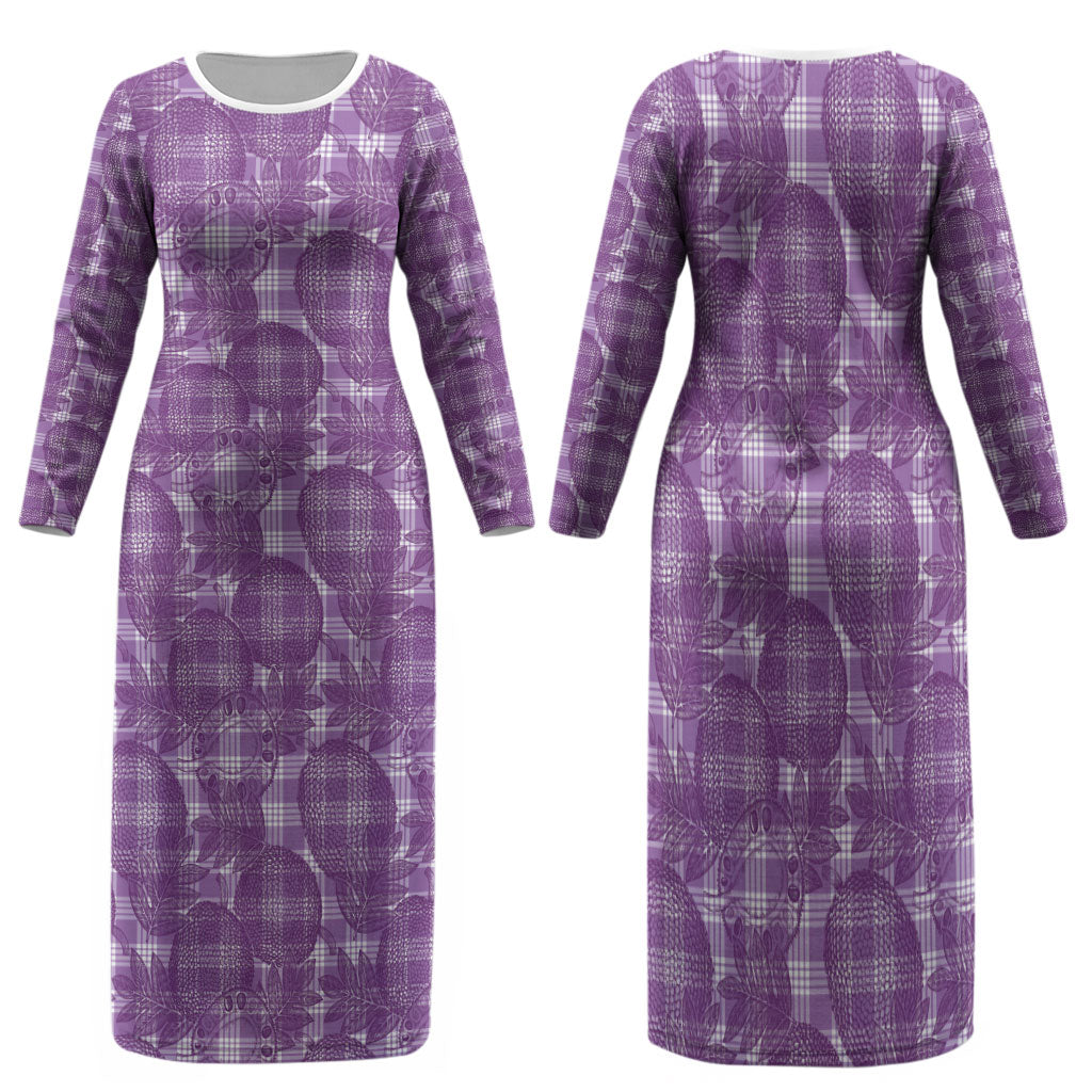 Poni Hawaii Breadfruit Palaka Motifs Family Matching Long Sleeve Bodycon Dress and Hawaiian Shirt LT14 Mom's Dress Purple - Polynesian Pride