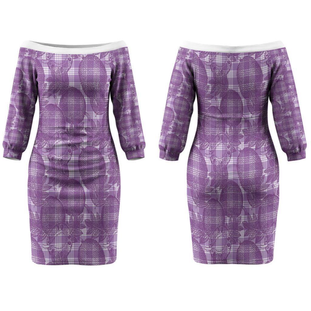 Poni Hawaii Breadfruit Palaka Motifs Family Matching Off The Shoulder Long Sleeve Dress and Hawaiian Shirt LT14 Mom's Dress Purple - Polynesian Pride
