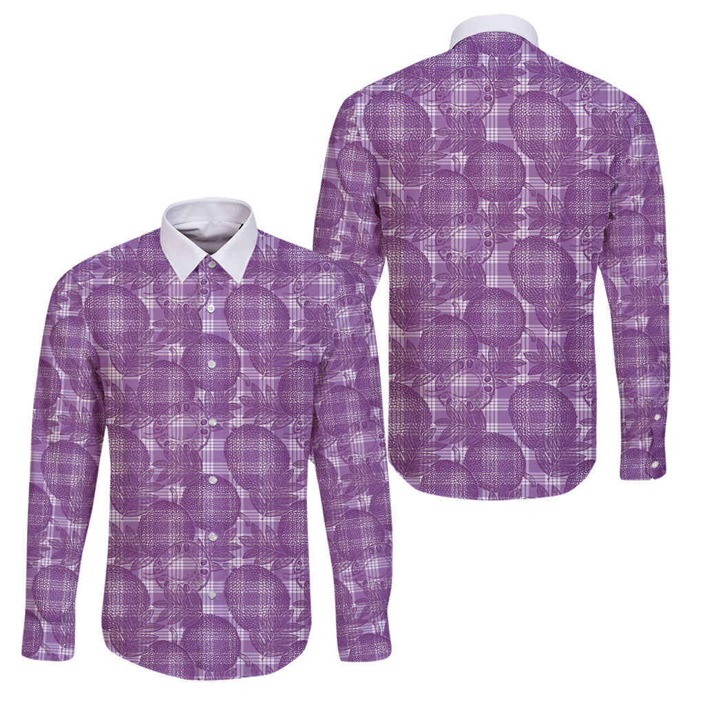 Poni Hawaii Breadfruit Palaka Motifs Family Matching Off The Shoulder Long Sleeve Dress and Hawaiian Shirt LT14 Dad's Shirt - Long Sleeve Purple - Polynesian Pride