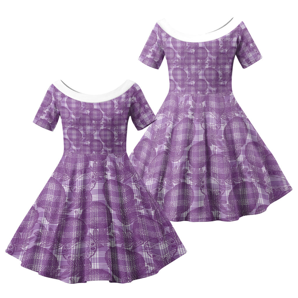 Poni Hawaii Breadfruit Palaka Motifs Family Matching Off The Shoulder Long Sleeve Dress and Hawaiian Shirt LT14 Daughter's Dress Purple - Polynesian Pride