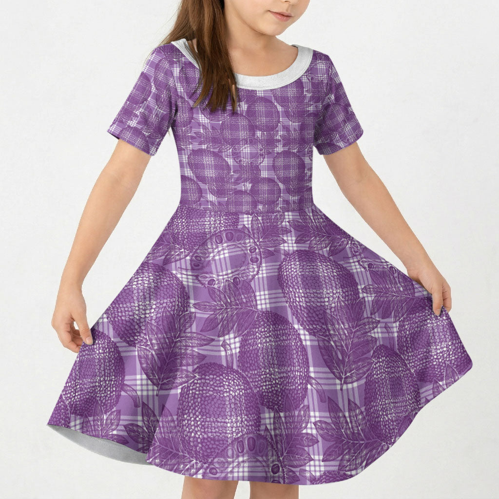 Poni Hawaii Breadfruit Palaka Motifs Kid Short Sleeve Dress LT14 KID Purple - Polynesian Pride